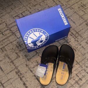 Birkenstock Black Leather Boston Soft Footbed Clogs